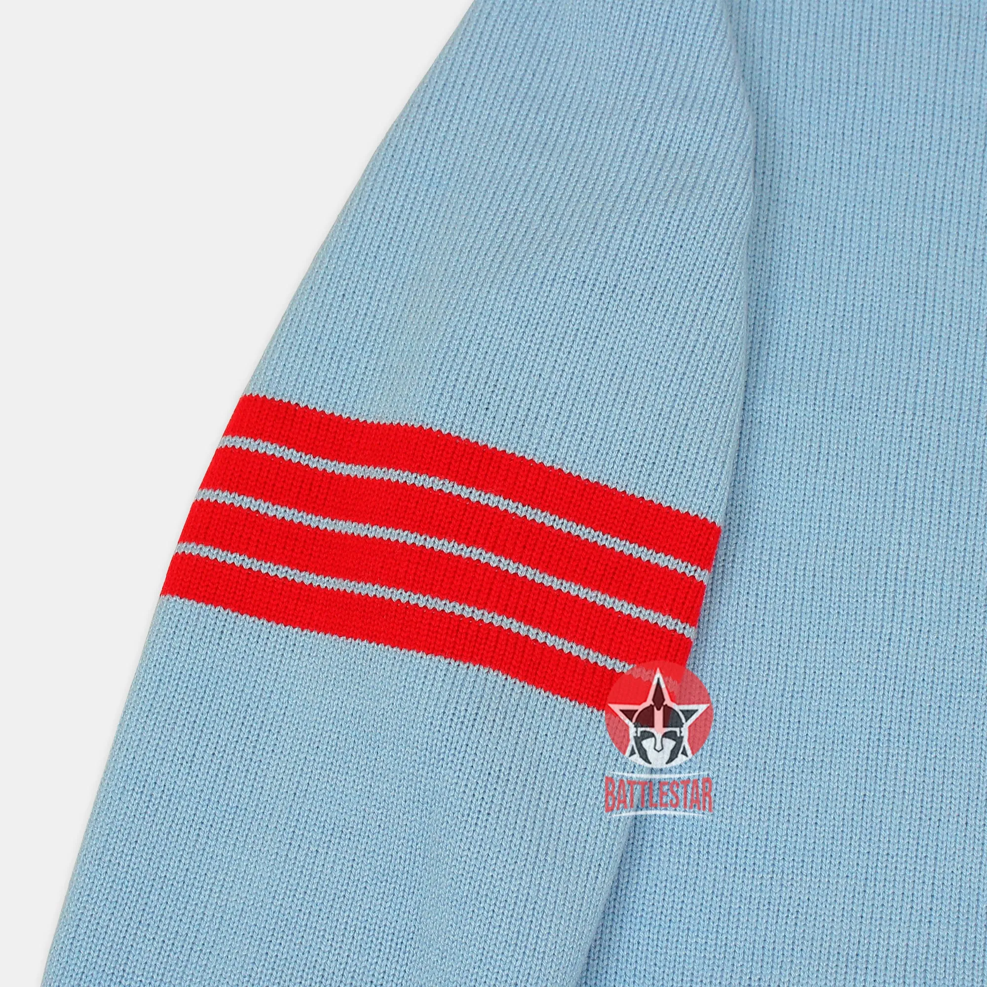 Handmade Unisex Jacquard Knitted Sky Blue & Red Cardigan School College Graduation Greek Sweater