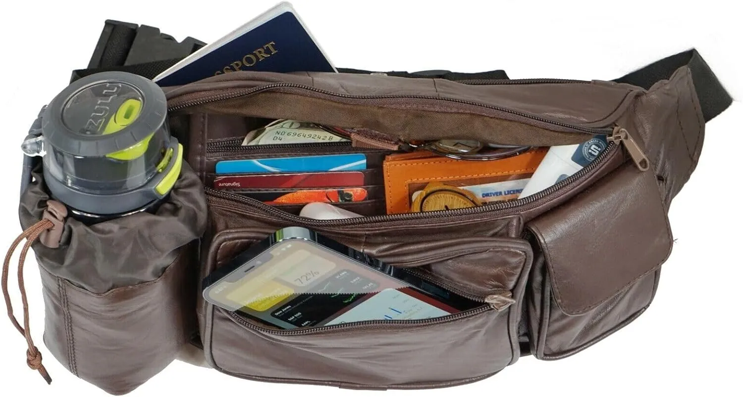 Leather Fanny Pack with Multiple Zippered Compartments, Black (1201, Brown)