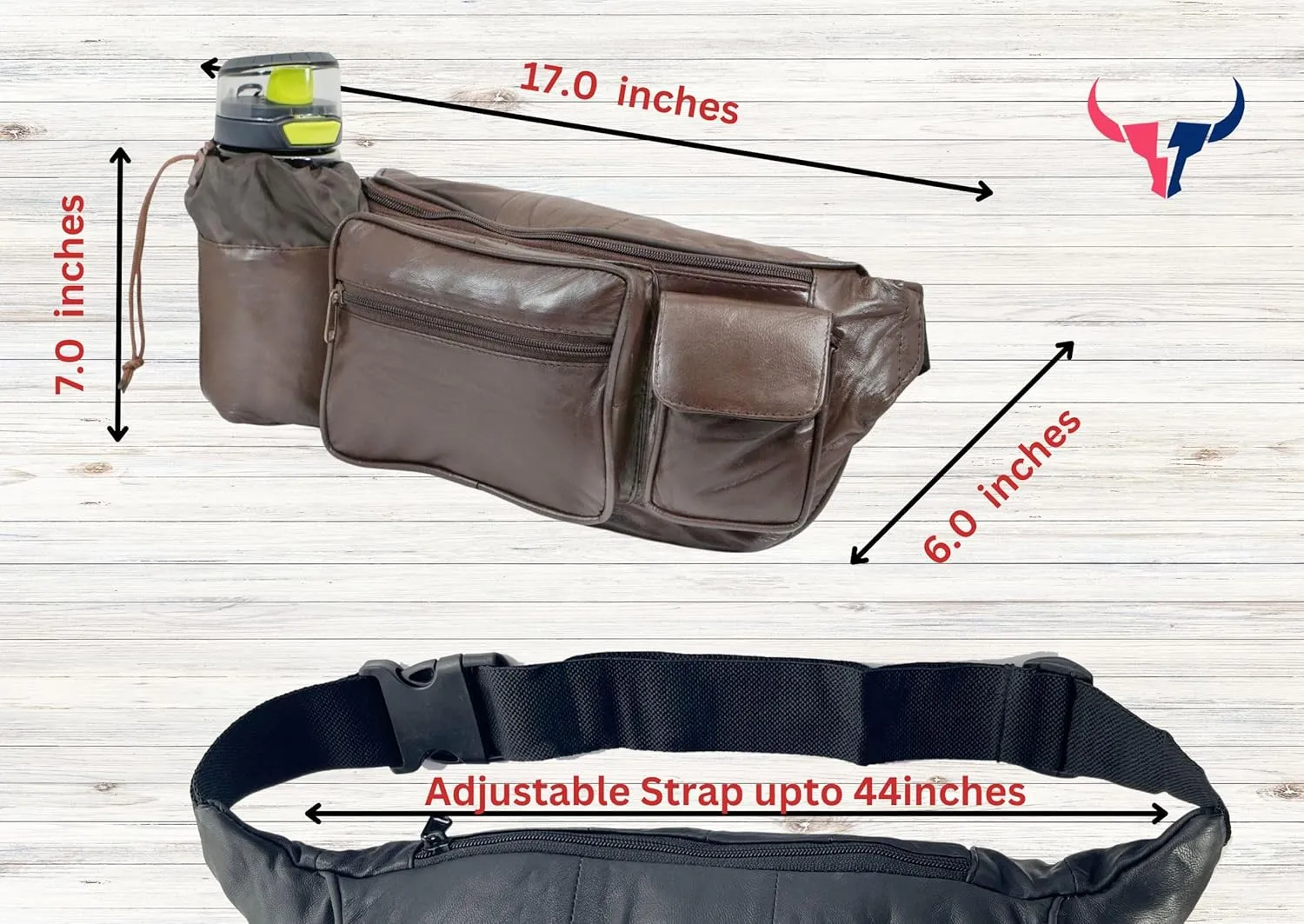 Leather Fanny Pack with Multiple Zippered Compartments, Black (1201, Brown)