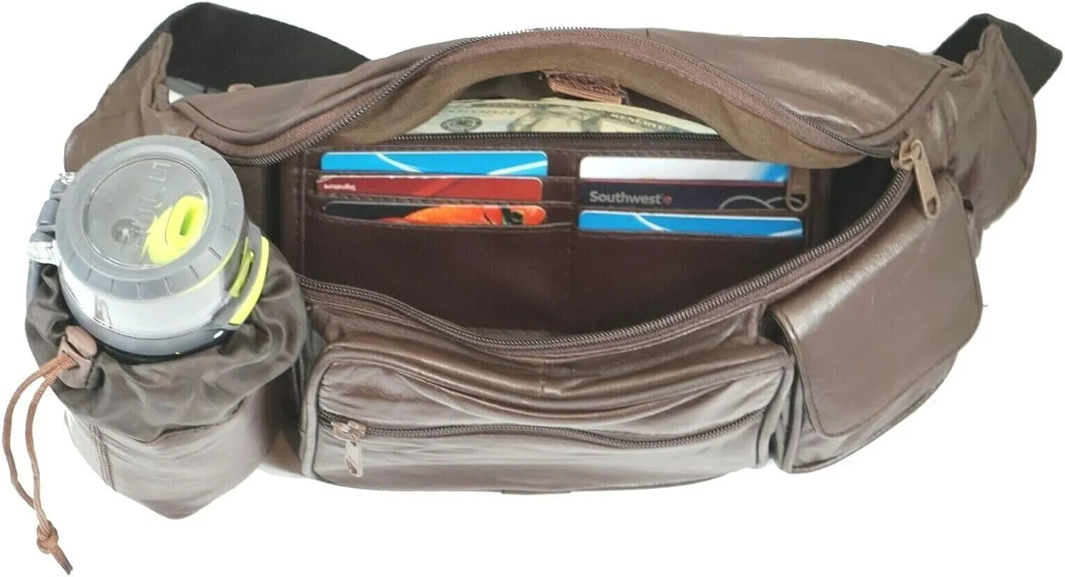 Leather Fanny Pack with Multiple Zippered Compartments, Black (1201, Brown)