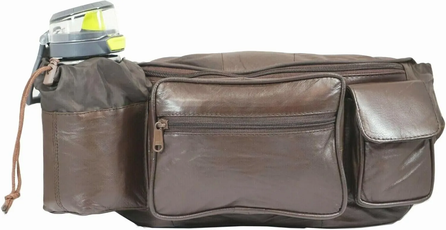 Leather Fanny Pack with Multiple Zippered Compartments, Black (1201, Brown)