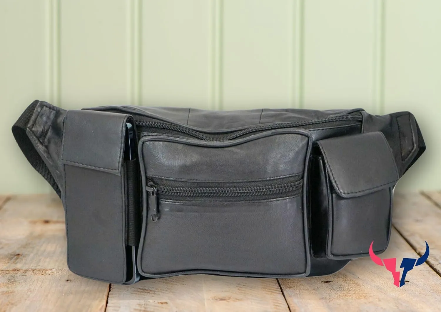 Leather Fanny Pack with Multiple Zippered Compartments, Black (1405, Black)