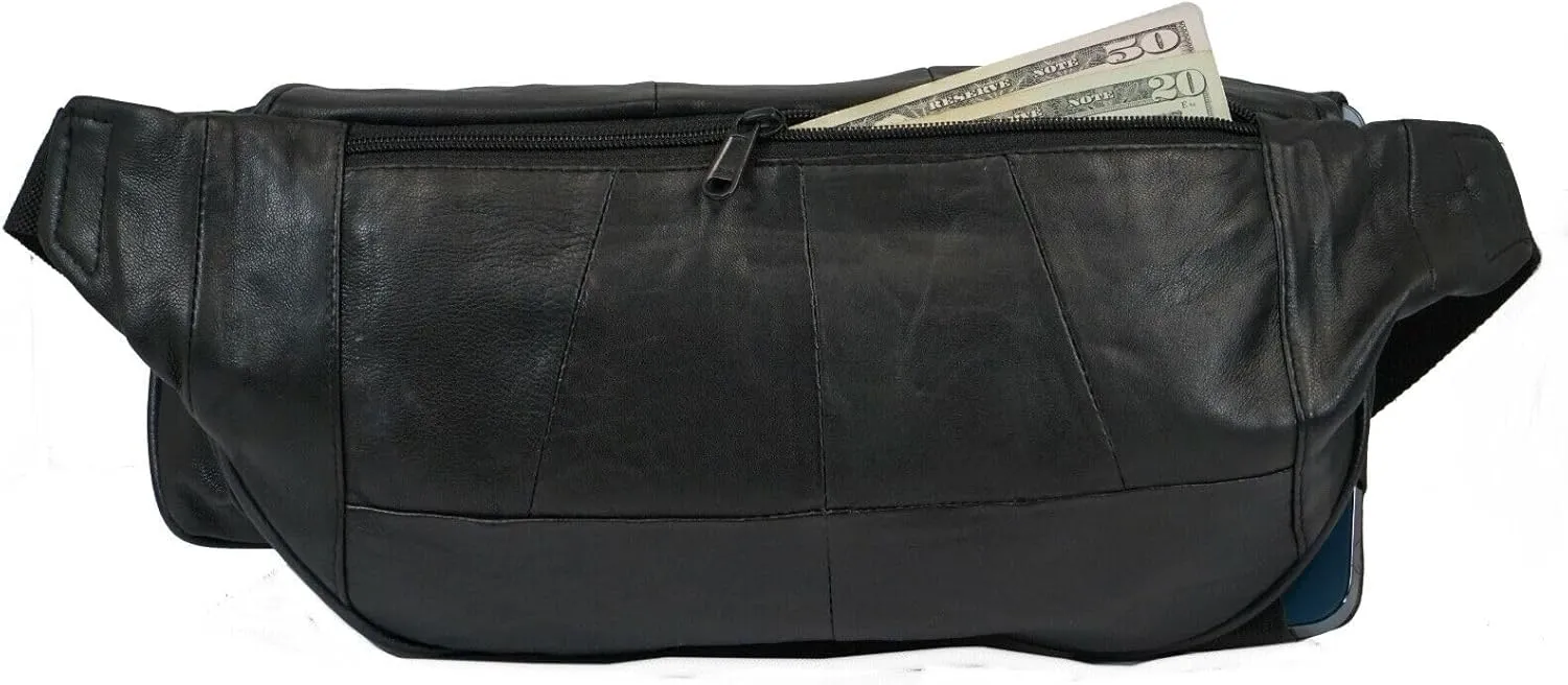 Leather Fanny Pack with Multiple Zippered Compartments, Black (1405, Black)