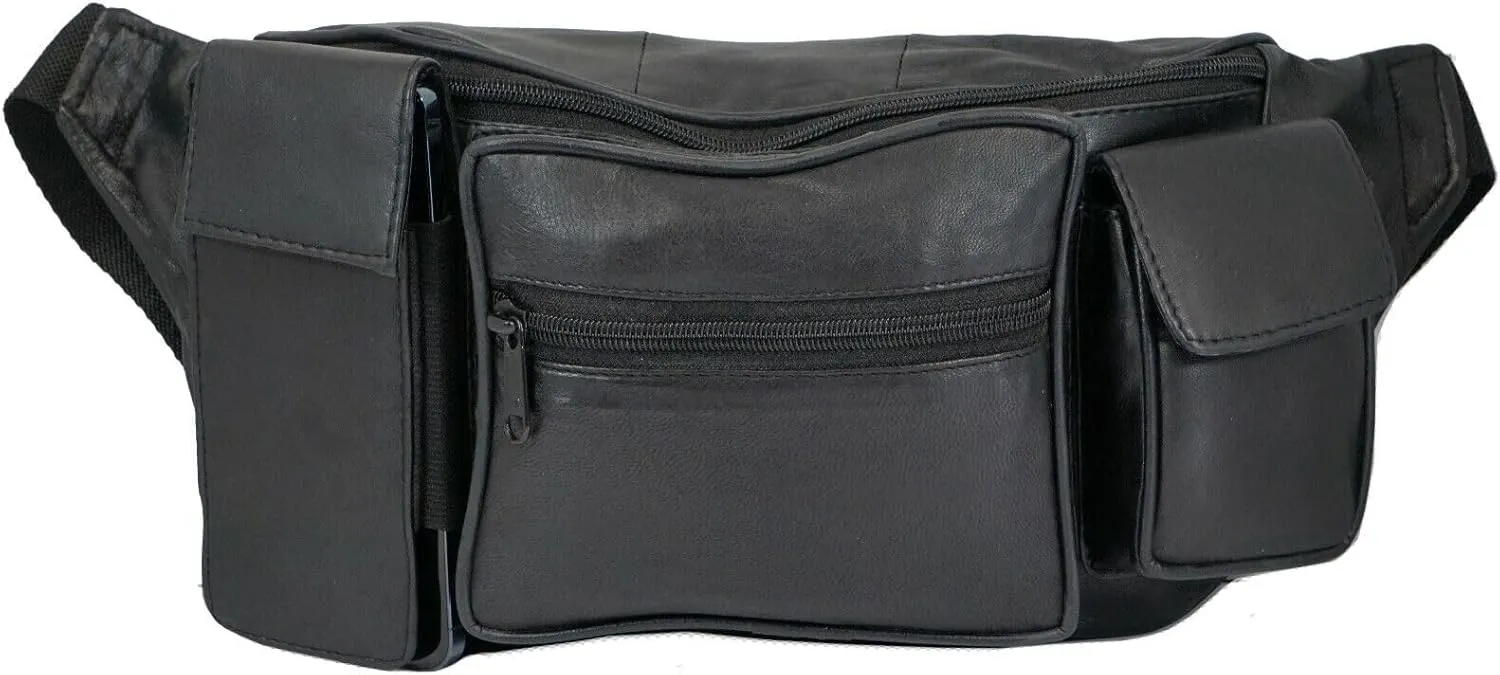 Leather Fanny Pack with Multiple Zippered Compartments, Black (1405, Black)