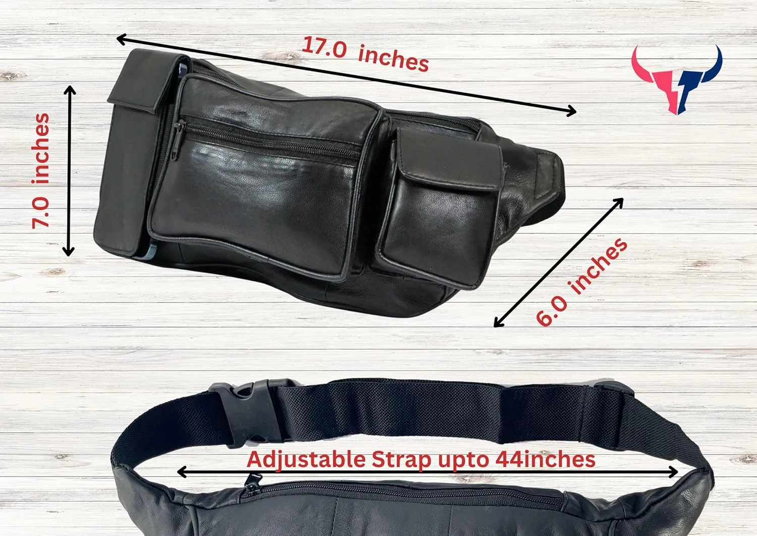 Leather Fanny Pack with Multiple Zippered Compartments, Black (1405, Black)