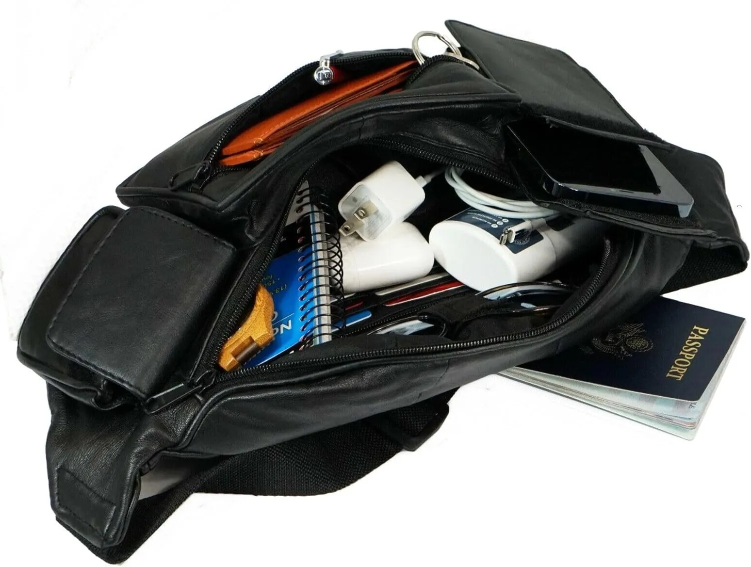 Leather Fanny Pack with Multiple Zippered Compartments, Black (1405, Black)