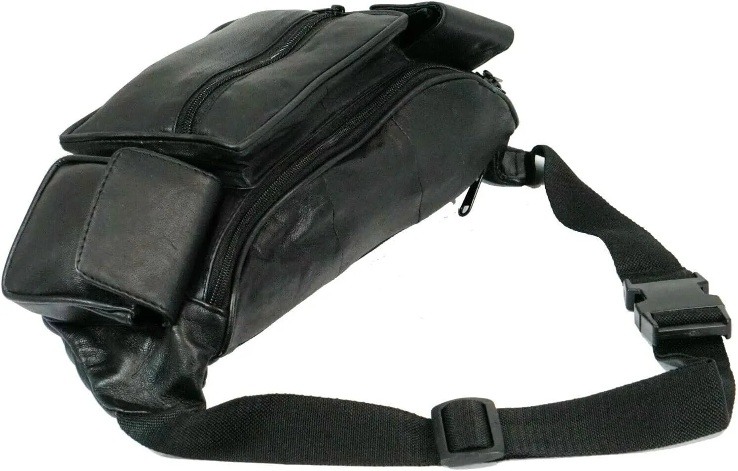 Leather Fanny Pack with Multiple Zippered Compartments, Black (1405, Black)