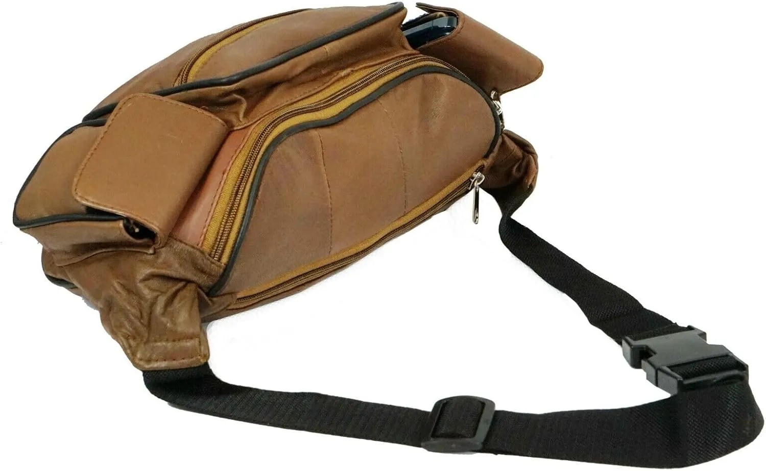 Leather Fanny Pack with Multiple Zippered Compartments, Black (1405, Tan)