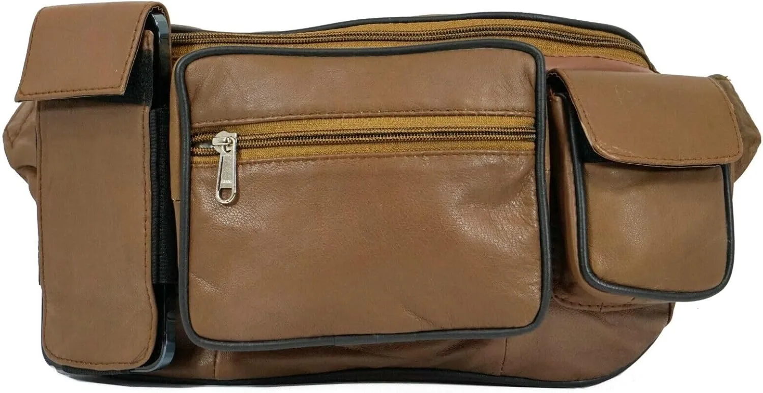 Leather Fanny Pack with Multiple Zippered Compartments, Black (1405, Tan)