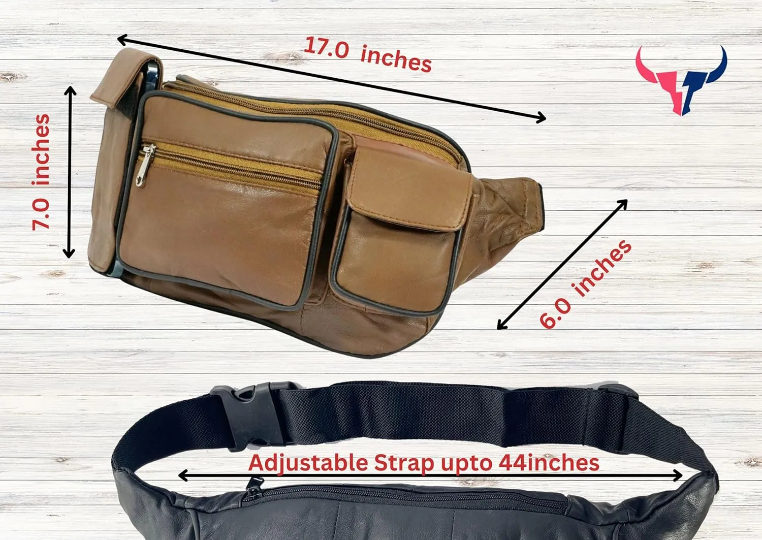 Leather Fanny Pack with Multiple Zippered Compartments, Black (1405, Tan)