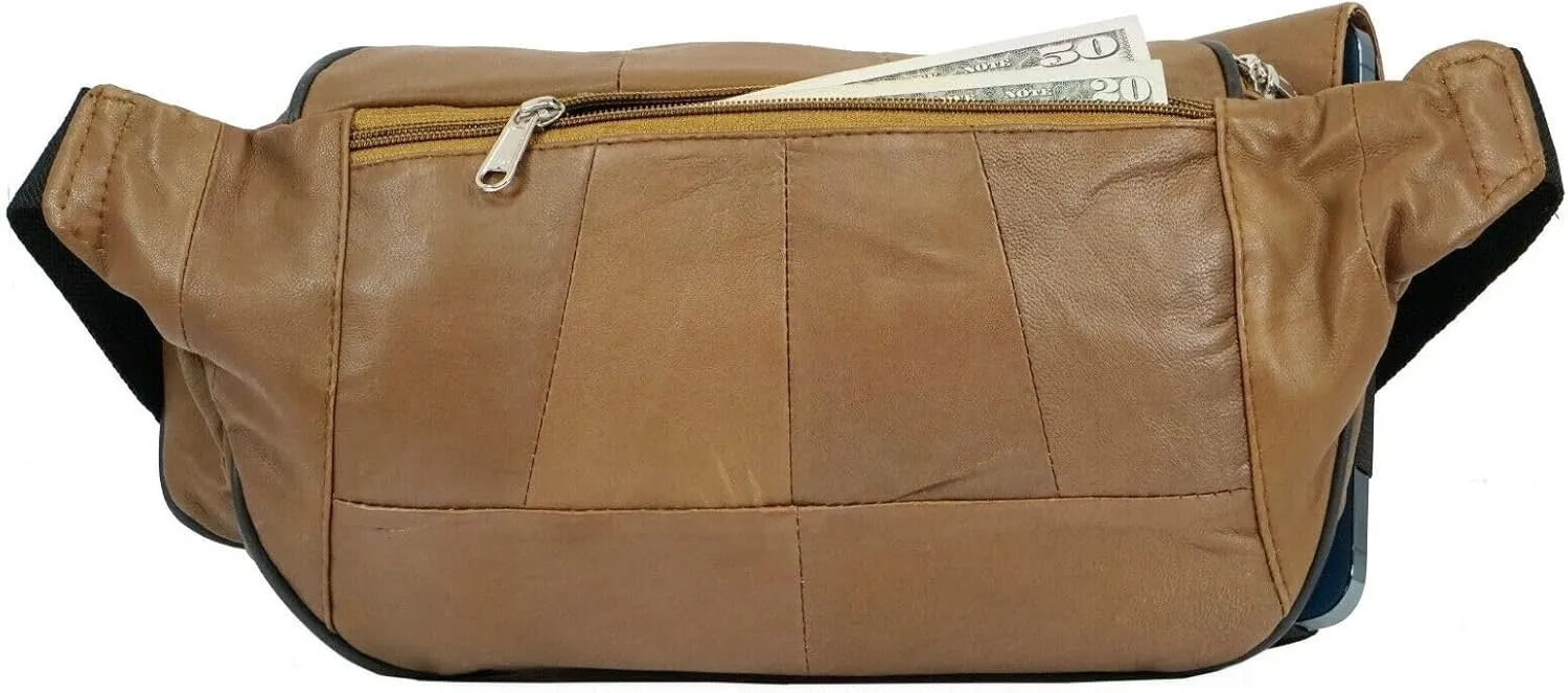 Leather Fanny Pack with Multiple Zippered Compartments, Black (1405, Tan)