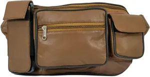 Leather Fanny Pack with Multiple Zippered Compartments, Black (1405, Tan)