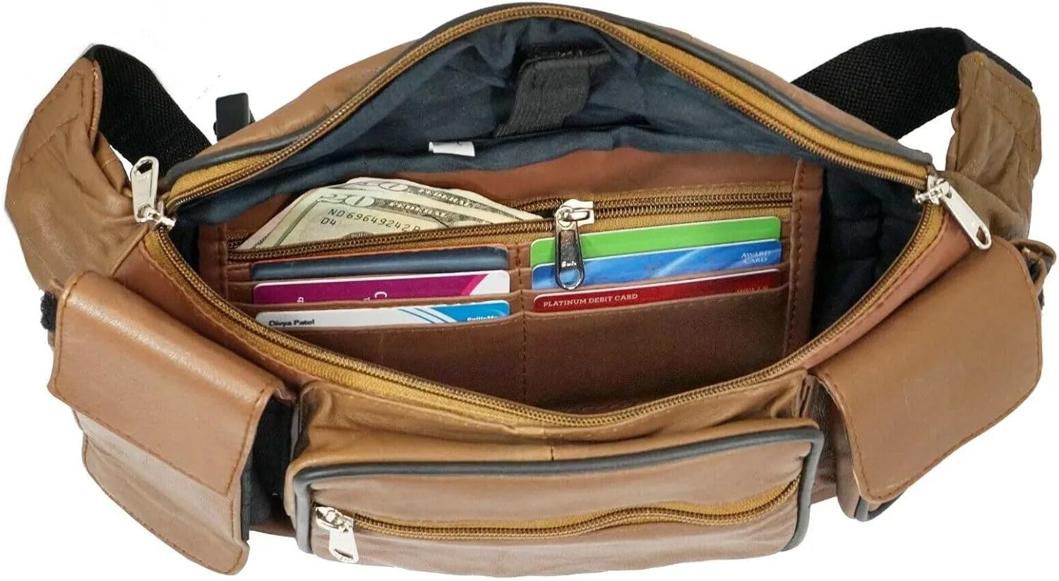 Leather Fanny Pack with Multiple Zippered Compartments, Black (1405, Tan)