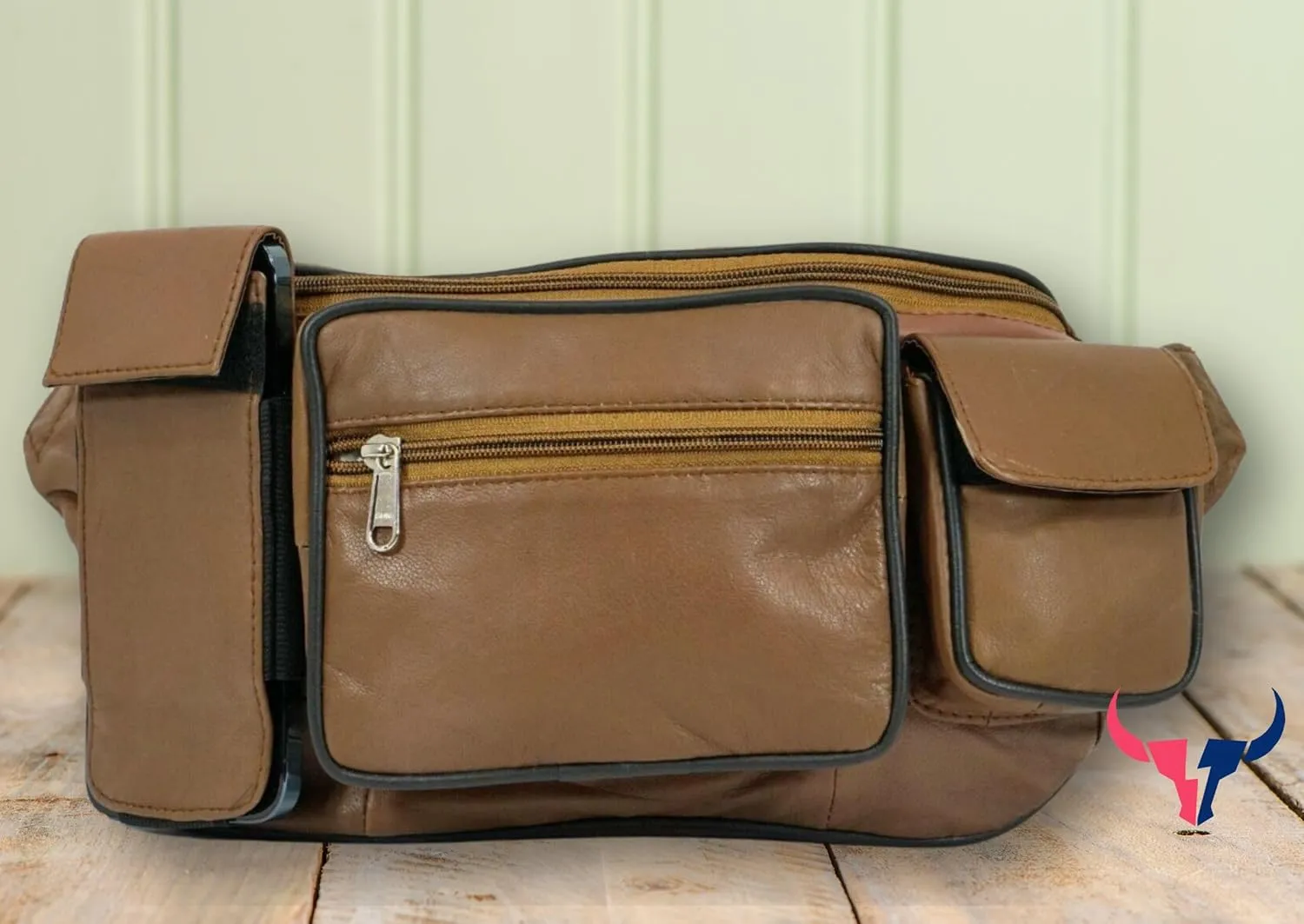 Leather Fanny Pack with Multiple Zippered Compartments, Black (1405, Tan)