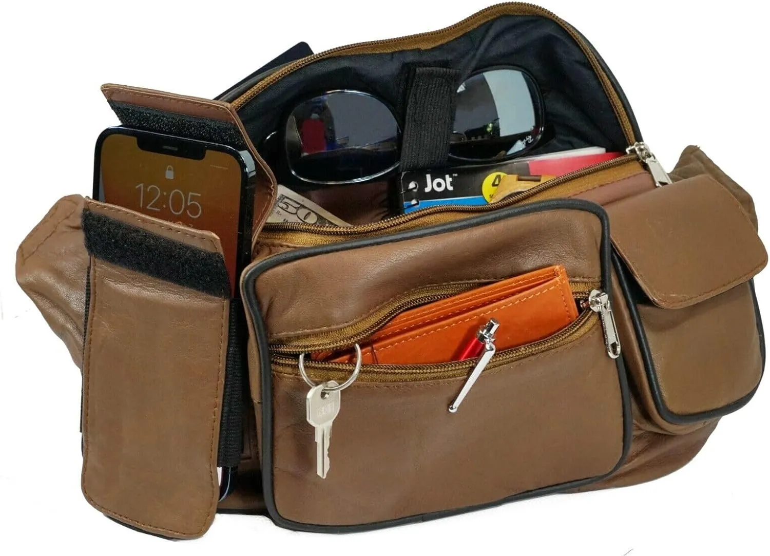 Leather Fanny Pack with Multiple Zippered Compartments, Black (1405, Tan)