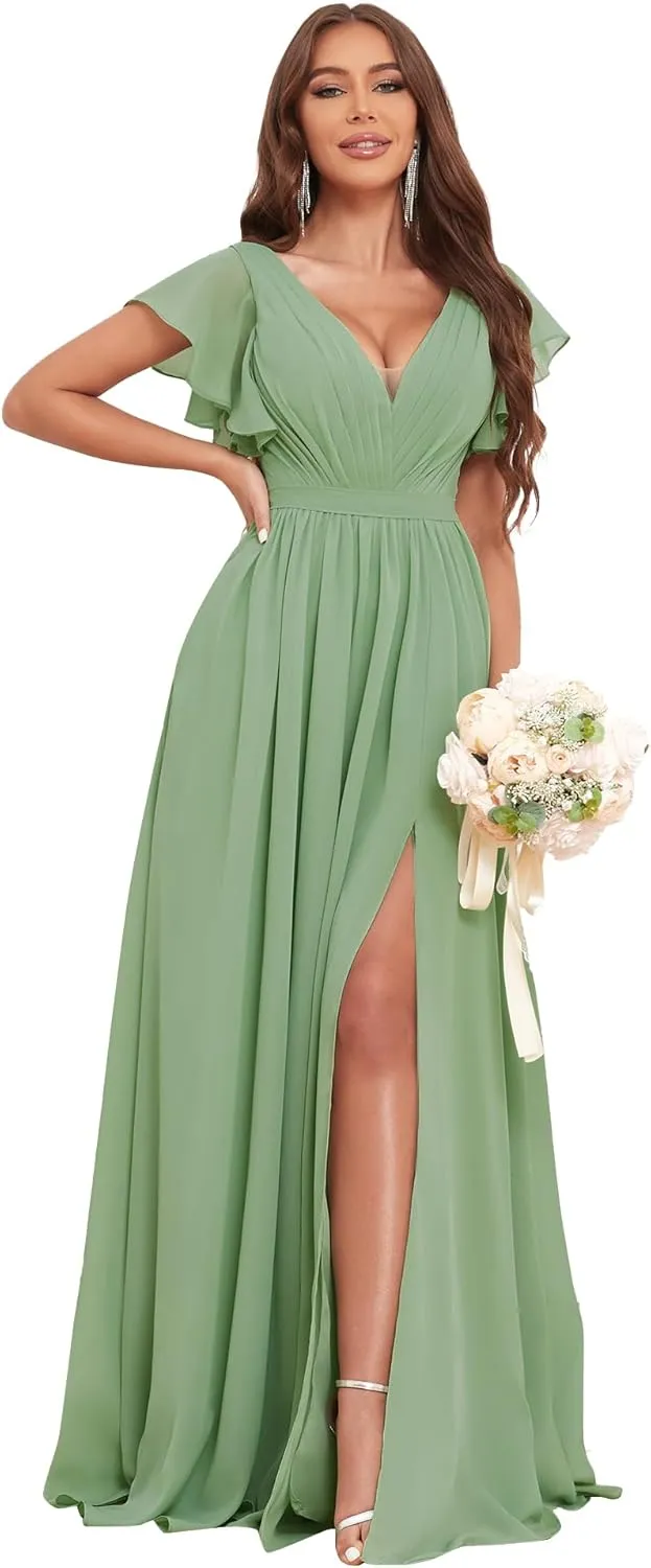 Long Bridesmaid Dresses for Women V Neck Short Sleeve Leg Slit A Line Corset Back Chiffon Maid of Honor Dress