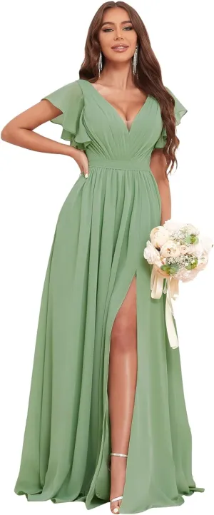 Long Bridesmaid Dresses for Women V Neck Short Sleeve Leg Slit A Line Corset Back Chiffon Maid of Honor Dress