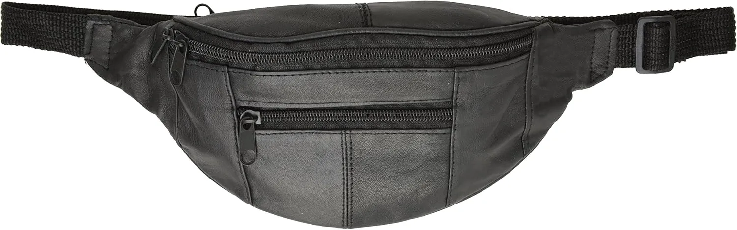 Marshal Genuine Leather Slim Waist Pack Pouch with Zippered Pockets (Black)