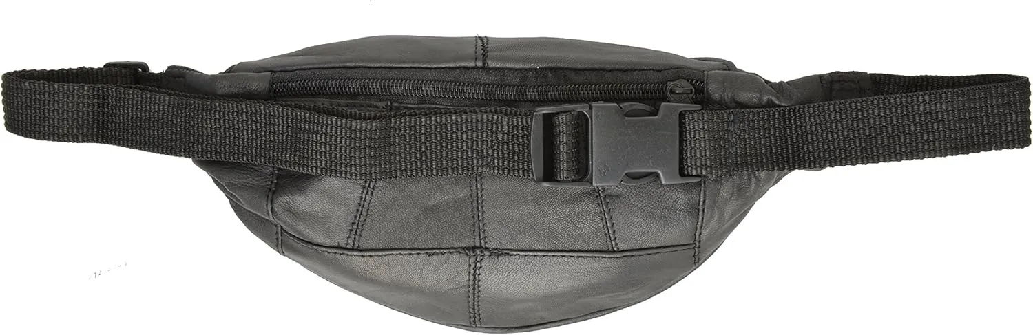 Marshal Genuine Leather Slim Waist Pack Pouch with Zippered Pockets (Black)