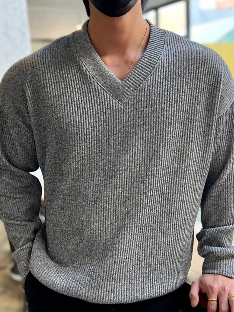 Men'S Knitted V-Neck Solid Color Jumper