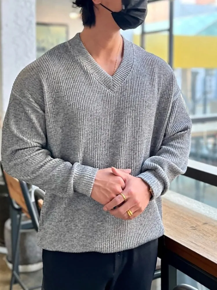Men'S Knitted V-Neck Solid Color Jumper