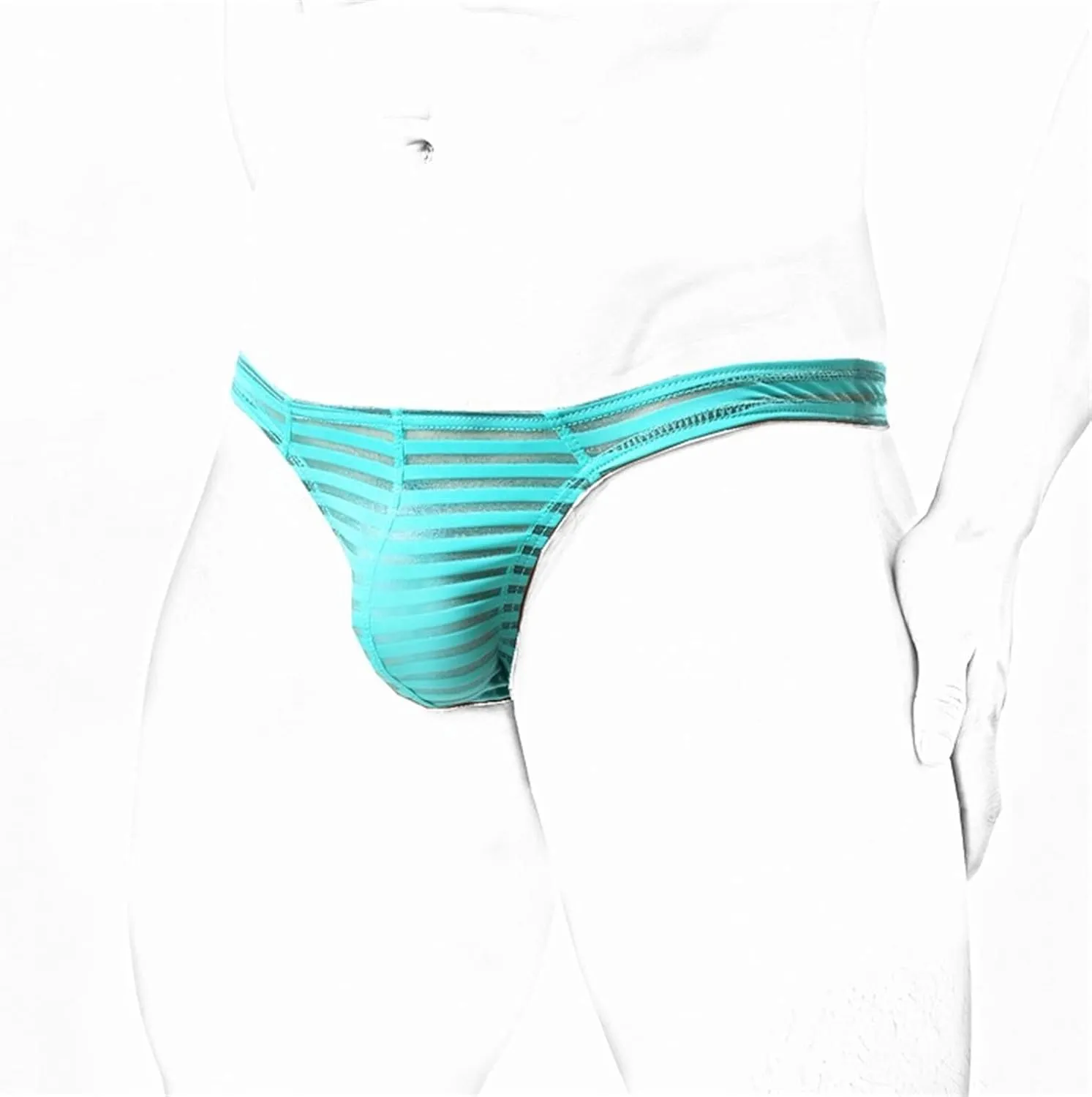 Men's Low Waist U Convex Striped Briefs Sexy Mesh Translucent G String T Back Bikini Underwear Sheer Ice Silk Thongs
