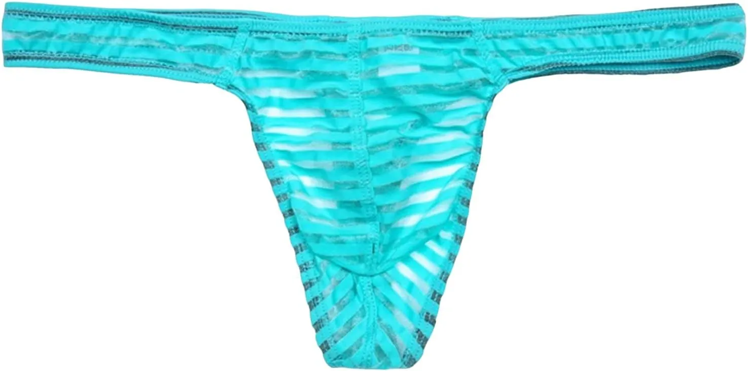 Men's Low Waist U Convex Striped Briefs Sexy Mesh Translucent G String T Back Bikini Underwear Sheer Ice Silk Thongs