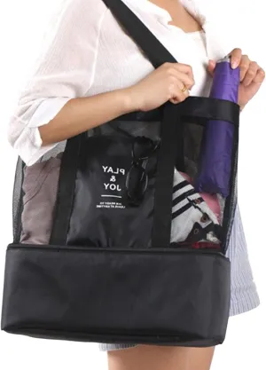 Mesh Tote Bag,Mesh Shoulder Bag Double Layer Nylon Insulated High Capacity Beach Tote with Cooler Layer for Outdoor Black