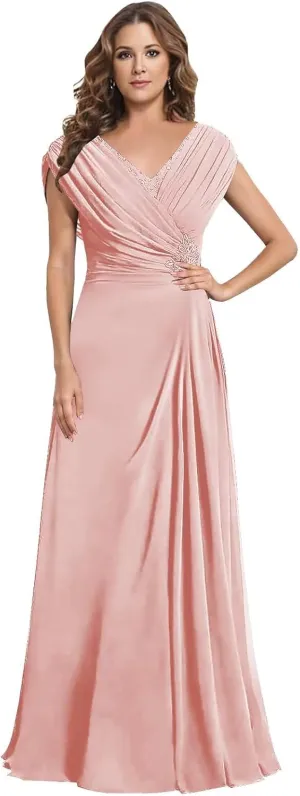Modest Mother of The Bride Dresses for Women V Neck Cap Sleeve A Line Corset Back Appliqued Long Formal Gown