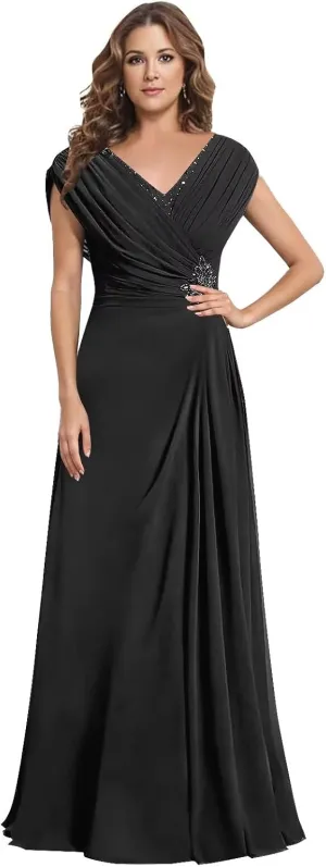 Modest Mother of The Bride Dresses for Women V Neck Cap Sleeve A Line Corset Back Appliqued Long Formal Gown