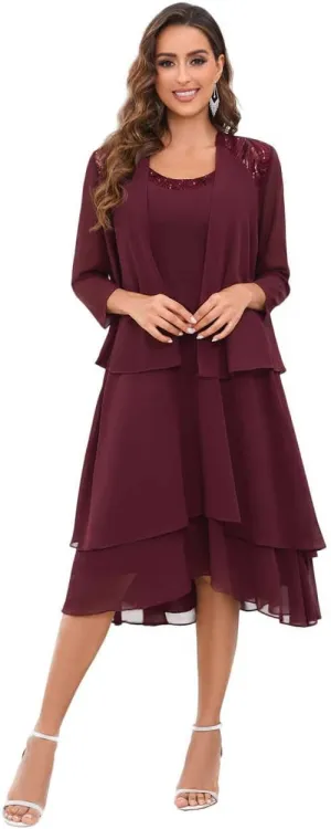 Mother of The Bride Dresses for Wedding Scoop Neck A Line Tea Length Chiffon Women's Formal Dress with Jacket