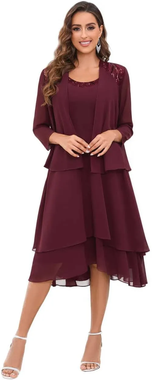 Mother of The Bride Dresses for Wedding Scoop Neck A Line Tea Length Chiffon Women's Formal Dress with Jacket