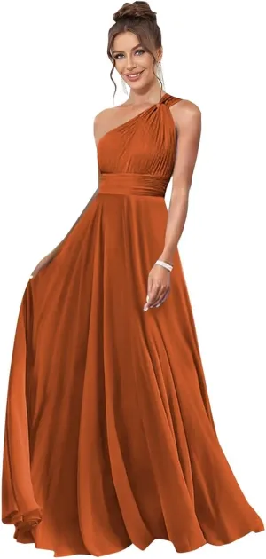 One Shoulder Bridesmaid Dresses for Women Pleated A Line Chiffon Long Evening Dress Formal Gown with Pocket