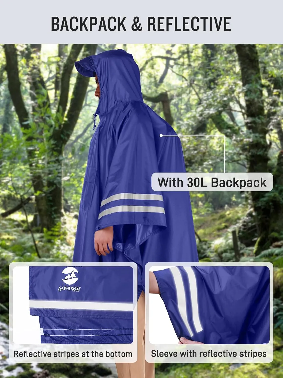 SaphiRose Hooded Rain Poncho Waterproof Raincoat Jacket for Men Women Adults