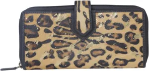 Tan Brown Slim Zippered Clutch - Handheld Hair On Leather Wallet for Women