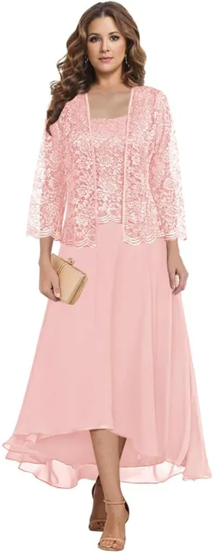 Tea Length Mother of The Bride Dresses for Wedding Square Neck A Line Lace Chiffon Formal Gown with Jacket