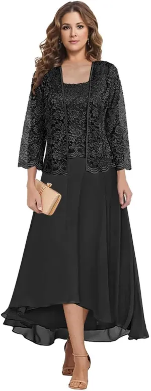 Tea Length Mother of The Bride Dresses for Wedding Square Neck A Line Lace Chiffon Formal Gown with Jacket