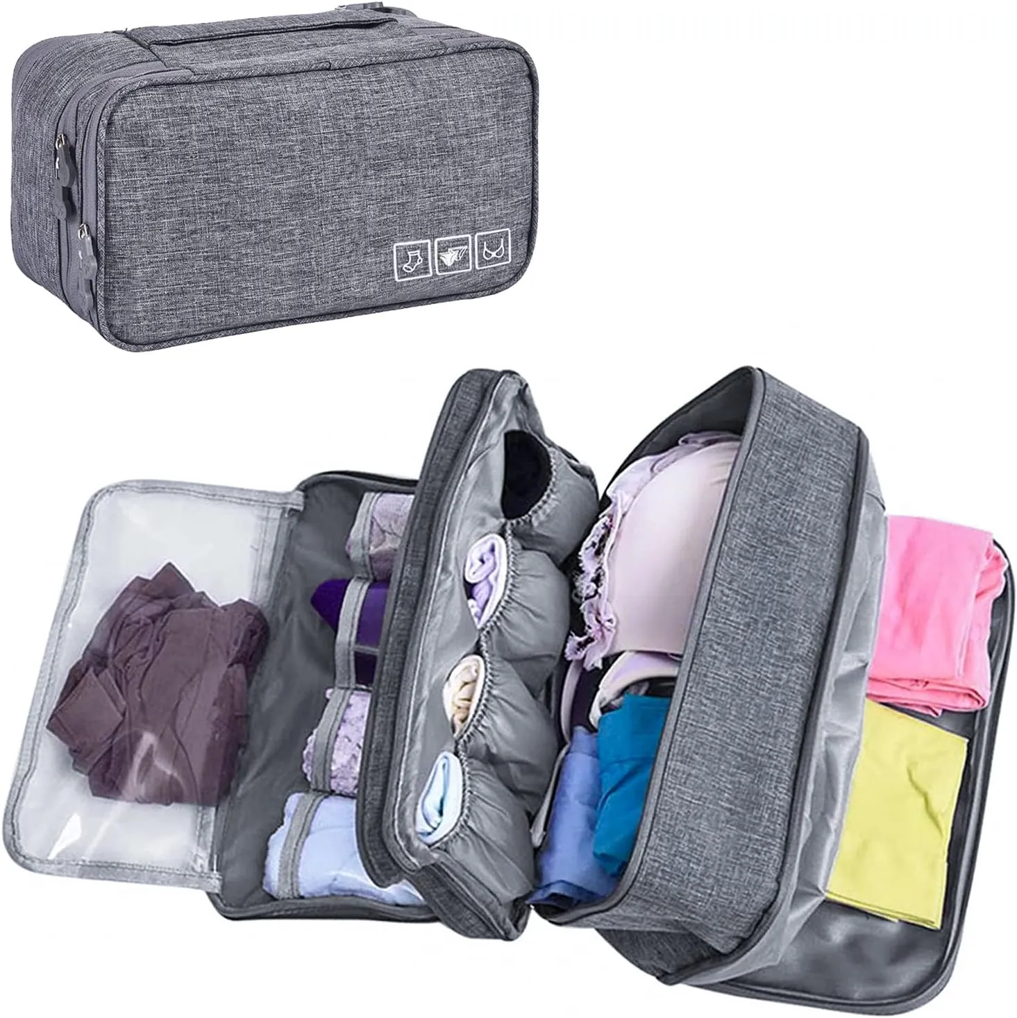 Unaone Travel Underwear Organizer - Portable Bra Travel Packing Storage Bag Large Compartment Underwear and Sock Organizer Bag, Grey