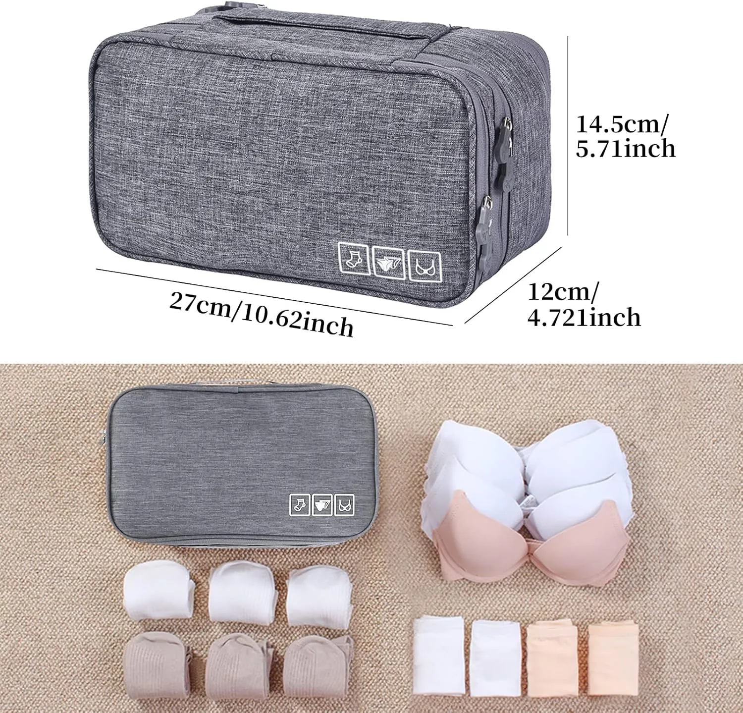 Unaone Travel Underwear Organizer - Portable Bra Travel Packing Storage Bag Large Compartment Underwear and Sock Organizer Bag, Grey