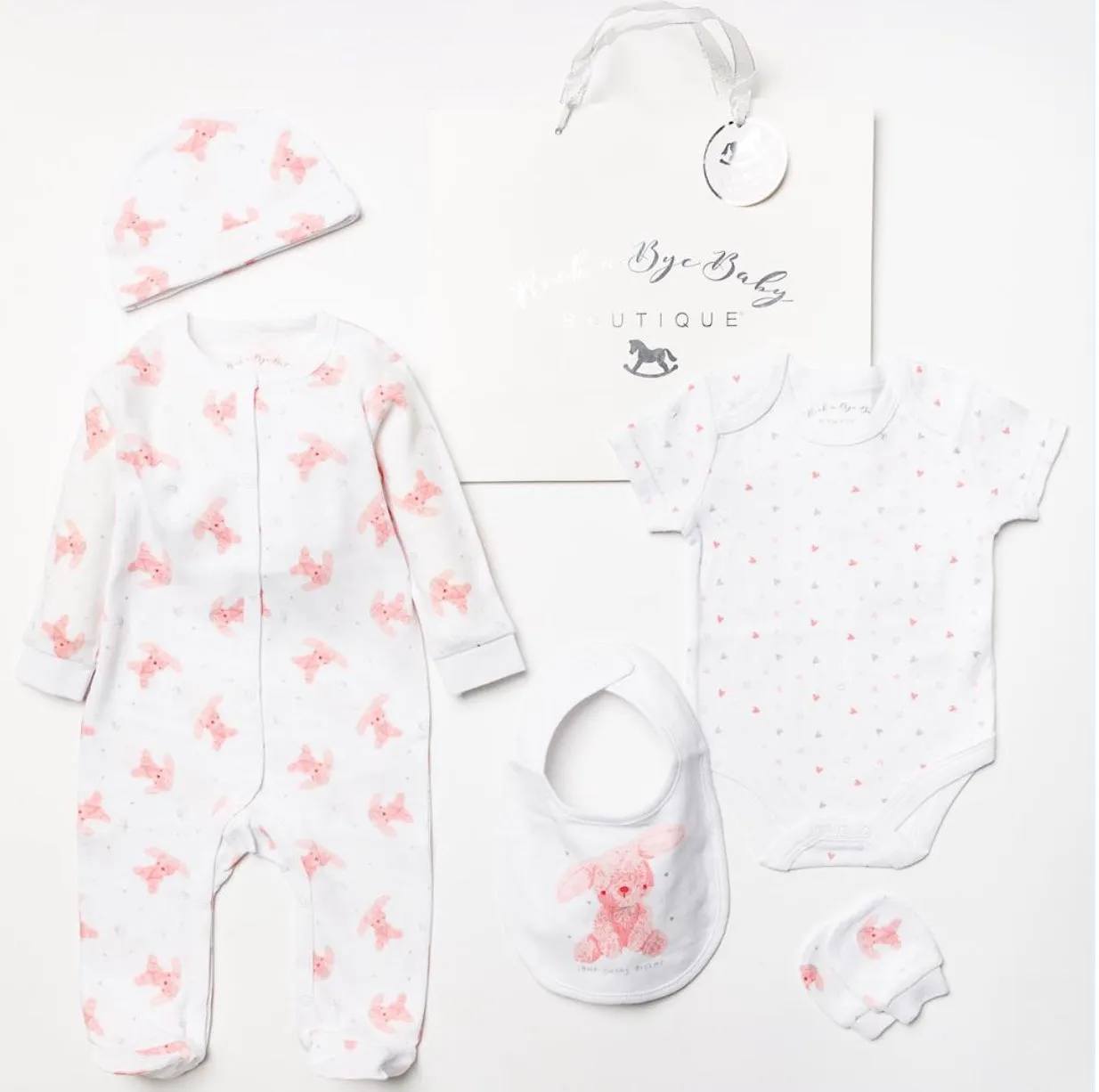 White & Pink Bunny Print 5pc Set