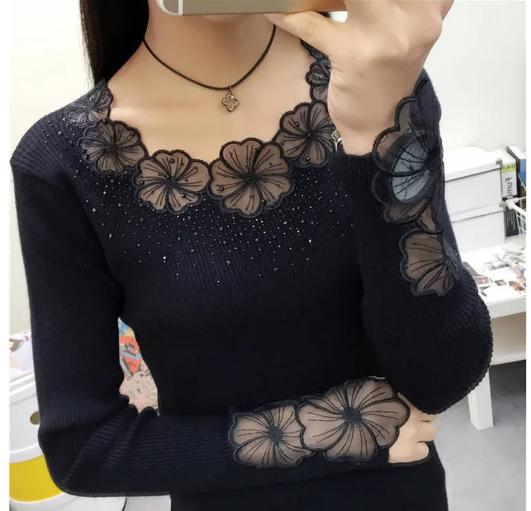 Women Stunning Slim Knitted Lace Patchwork Sweaters