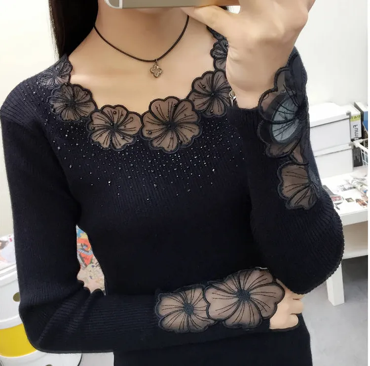 Women Stunning Slim Knitted Lace Patchwork Sweaters