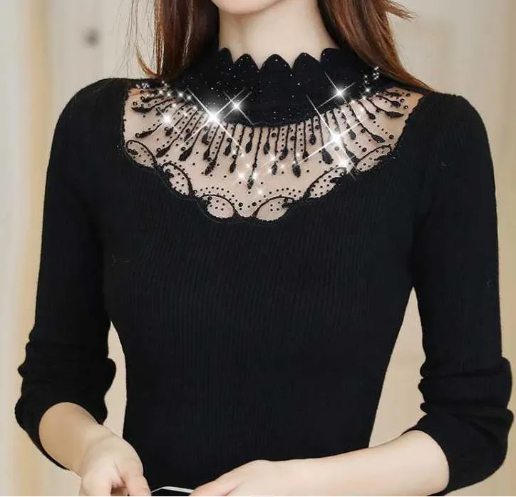 Women Stunning Slim Knitted Lace Patchwork Sweaters