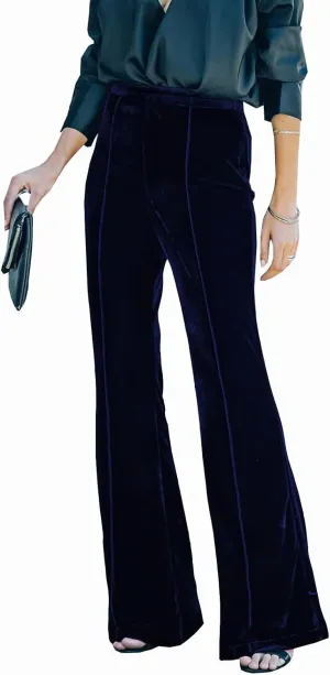 Women Velvet High Waisted Comfy Soft Stretch 70s Yoga Loungewear Bell Bottom Flare Pants Navy M