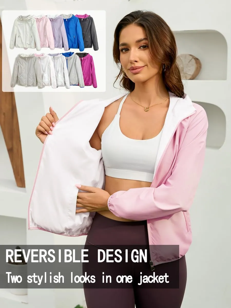 Womens Reversible Rain Jacket Lightweight Waterproof Windbreaker Jacket Outdoor Active Portable Raincoat