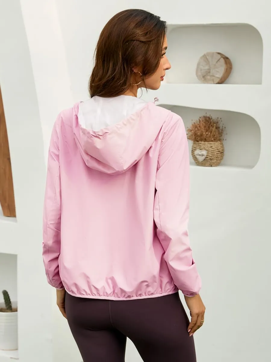 Womens Reversible Rain Jacket Lightweight Waterproof Windbreaker Jacket Outdoor Active Portable Raincoat