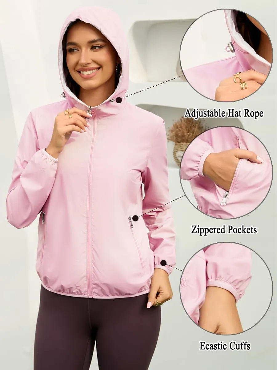 Womens Reversible Rain Jacket Lightweight Waterproof Windbreaker Jacket Outdoor Active Portable Raincoat