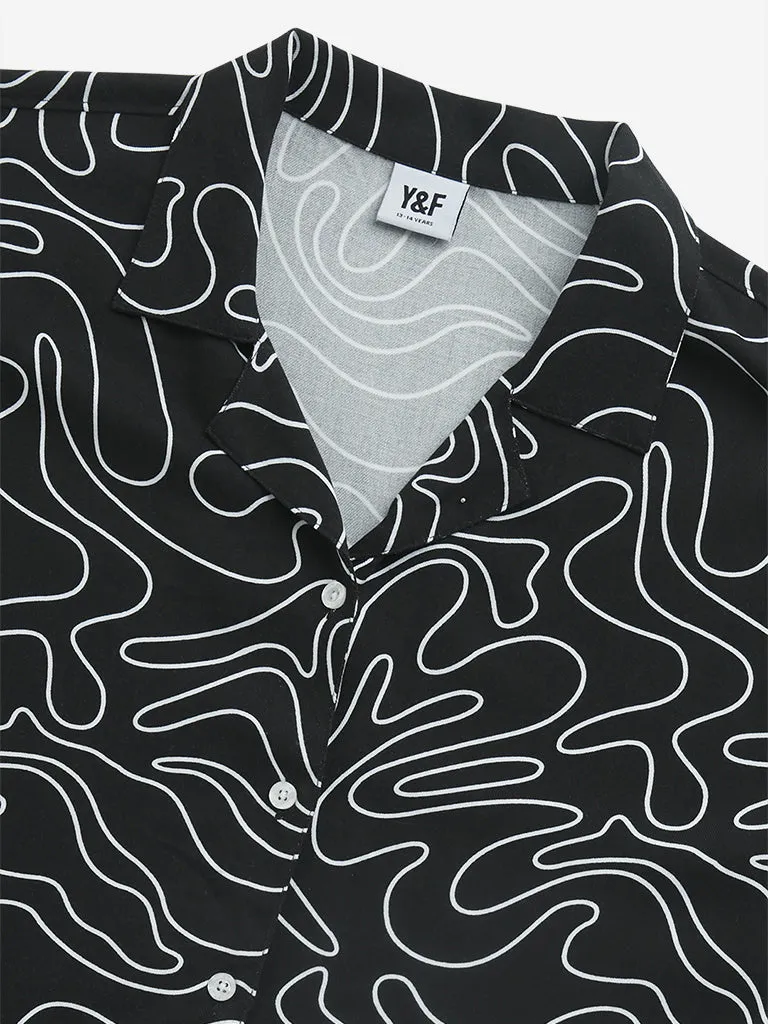 Y&F Kids Black Abstract Print Cotton-Blend Cropped Shirt