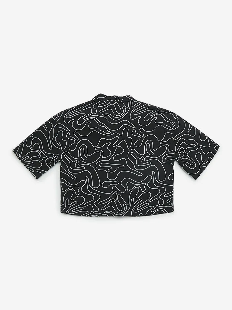 Y&F Kids Black Abstract Print Cotton-Blend Cropped Shirt