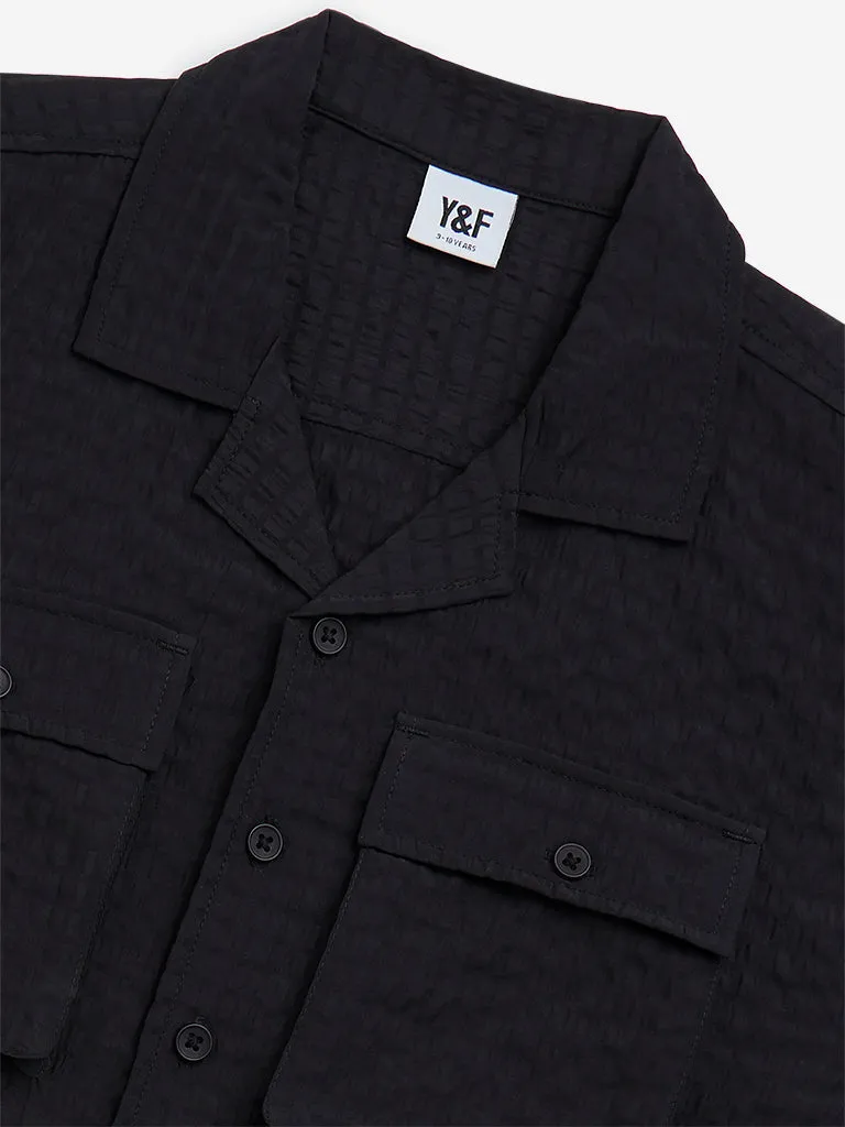 Y&F Kids Black Textured Resort-Fit Shirt
